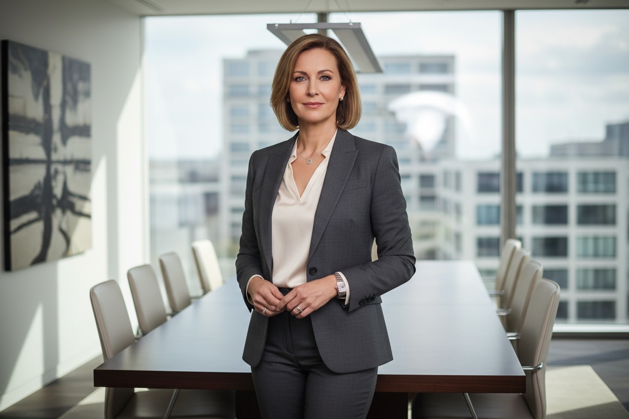 A professional woman in a gray suit stands in a conference room with a large table and city views in the background.