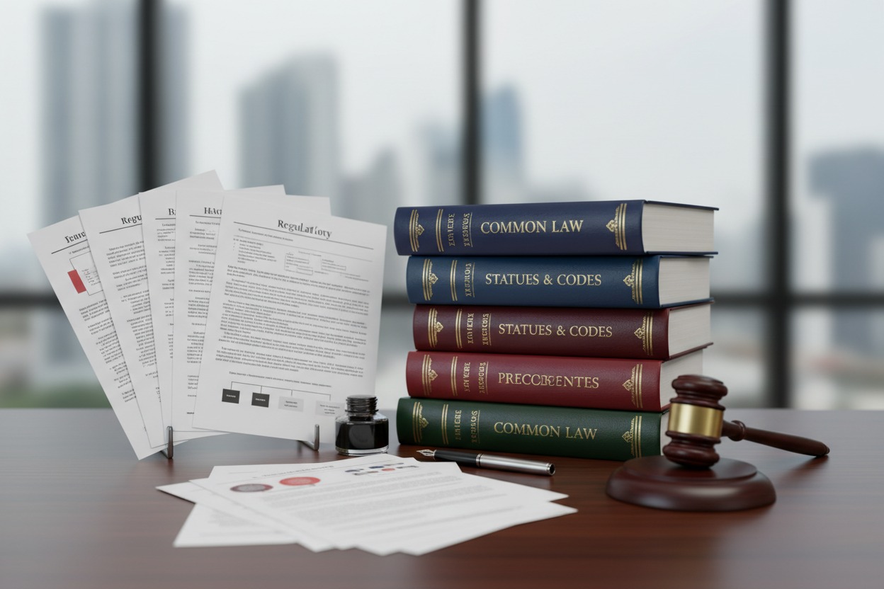 A stack of law books, documents, a pen, an inkwell, and a wooden gavel sit on a desk with a blurred office window in the background.
