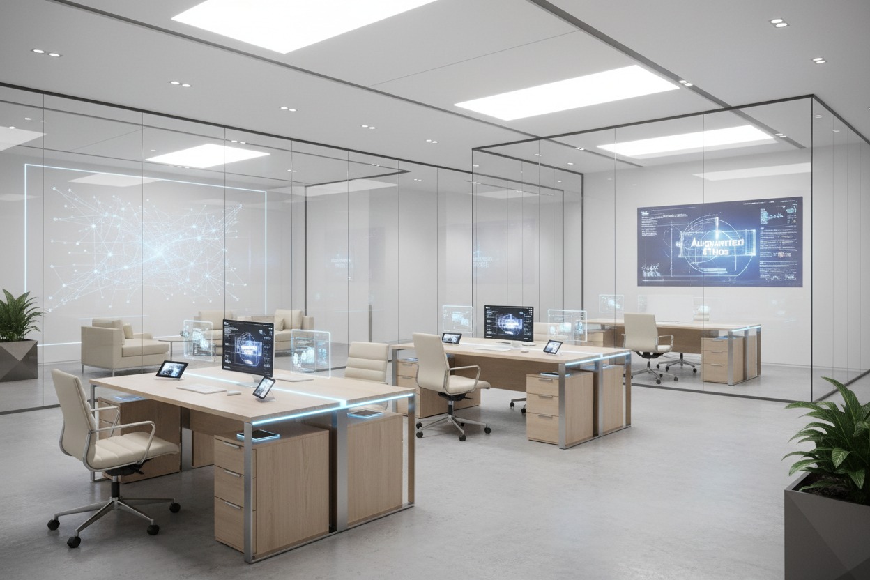 Modern open-plan office space featuring glass-walled workstations with computers and glowing holographic displays.