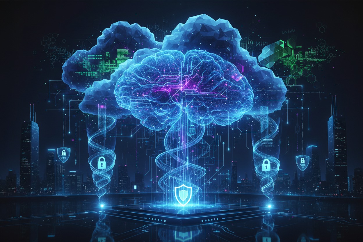 A glowing blue digital brain and cloud formation hover above a futuristic cityscape with security shield icons.