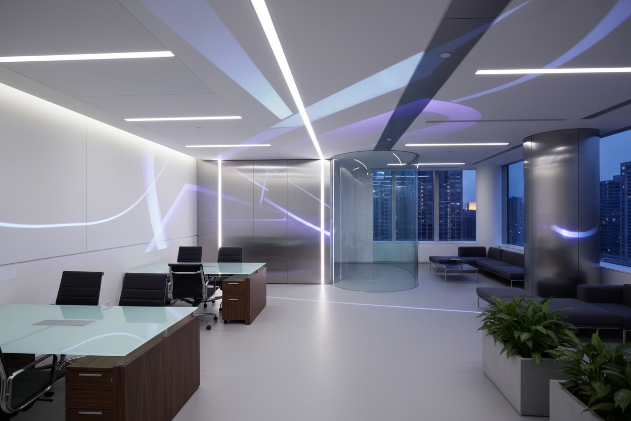 Ein modernes Büro mit Glas- und Holztischen, schwarzen Stühlen, einer runden Glasabtrennung und abstrakten blauen Lichtprojektionen an Decke und Wand.