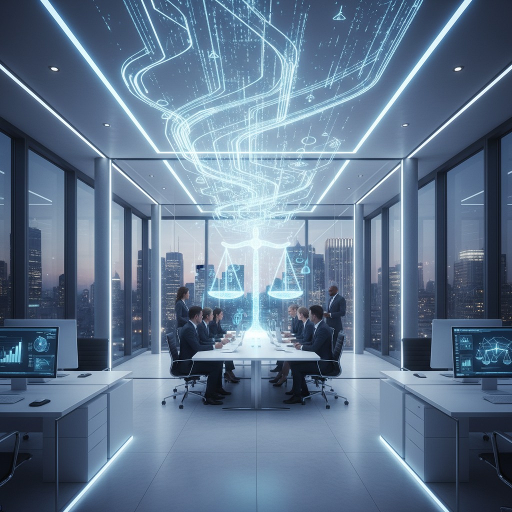A group of professionals in business attire sit around a long conference table in a modern office with floor-to-ceiling windows overlooking a city skyline at dusk, beneath a glowing digital projection of a scales of justice and circuit board patterns on the ceiling.
